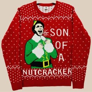 Ugly Christmas Sweater Will Farrell Elf Movie Son of a Nutcracker Mens M EUC